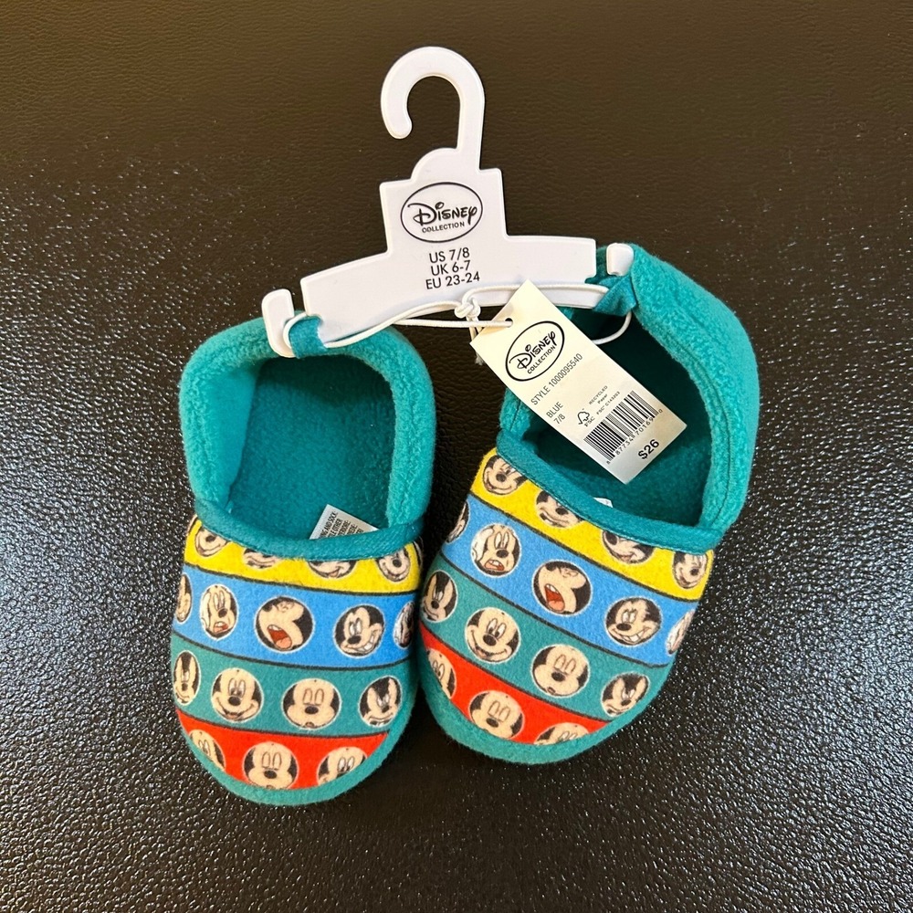 Disney Mickey Mouse Slippers Kids Size 7/8 Blue Fleece Slip On Cozy Character